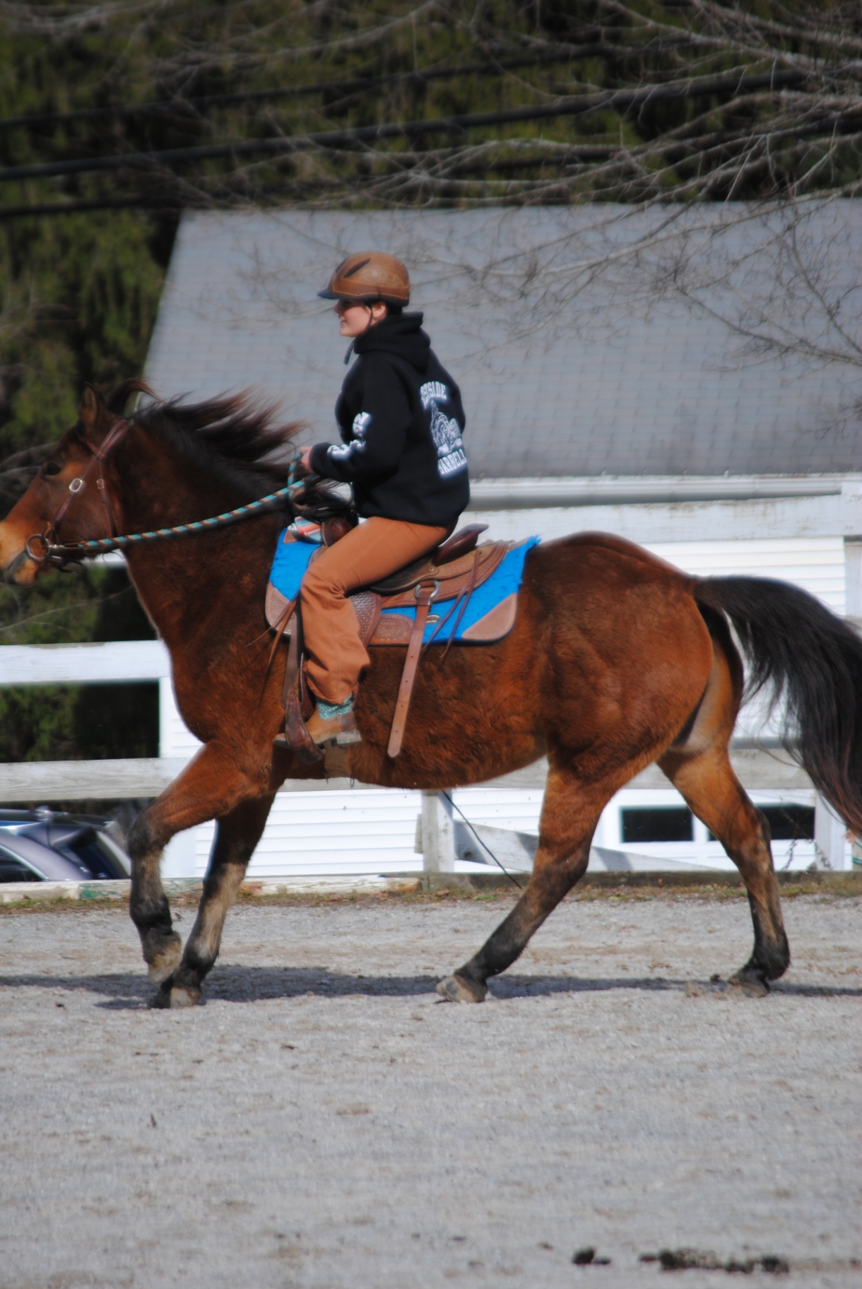 Rider trotting in the outdoor arena